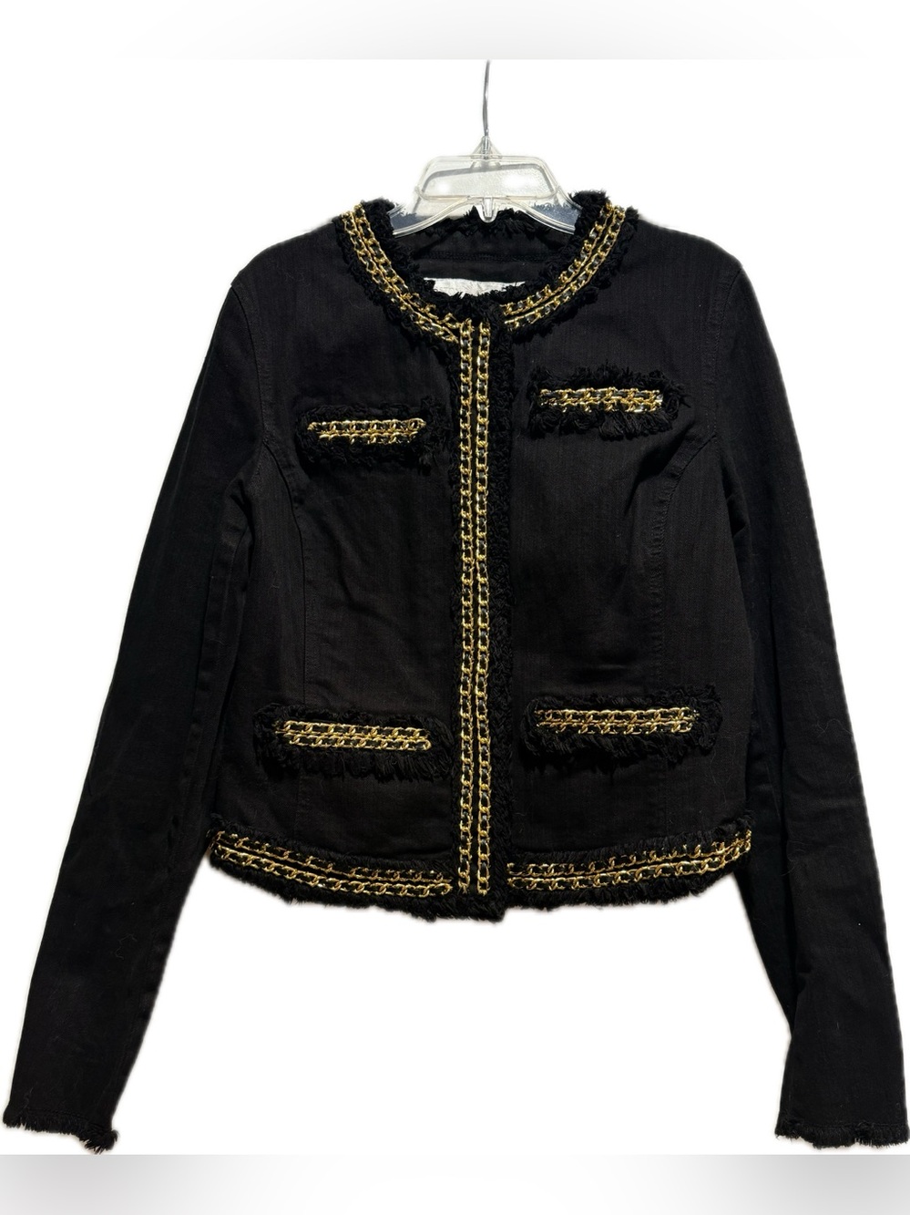 Boston Proper gold chain black stretch denim jacket blazer S
